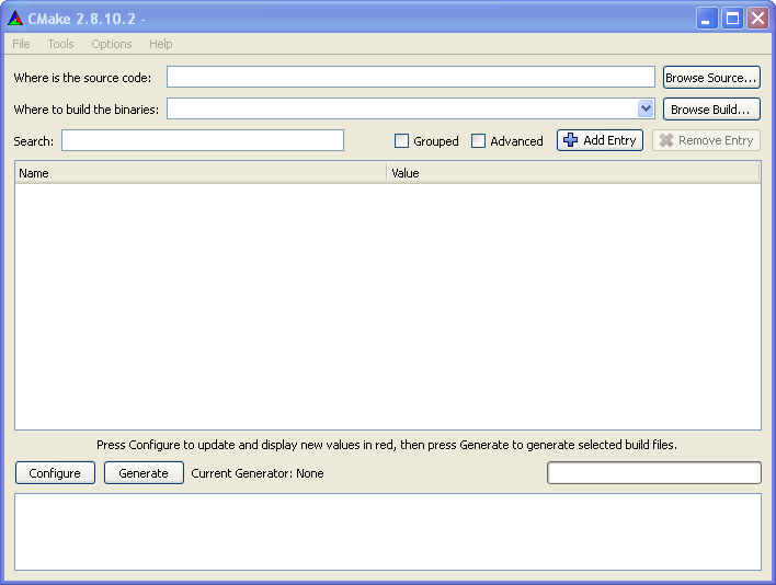 [blank CMake window]